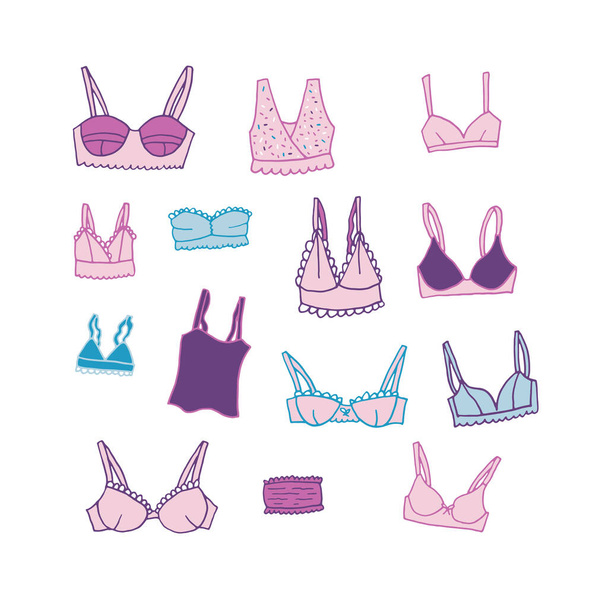 Hand drawn Lingerie set. Fashion feminine vector icon illustration. Sexy lacy woman underwear symbol collection. - Vector, afbeelding