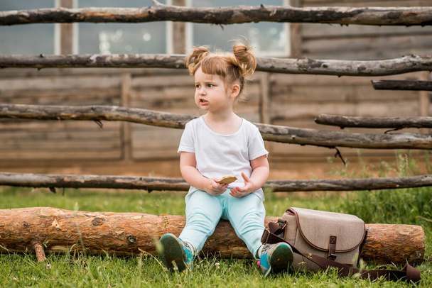 outdoor portrait of a girl sitting on the grass near the fence.Summer in the village. beautiful baby girl on a wooden bench.ecology and happy childhood. - Fotó, kép