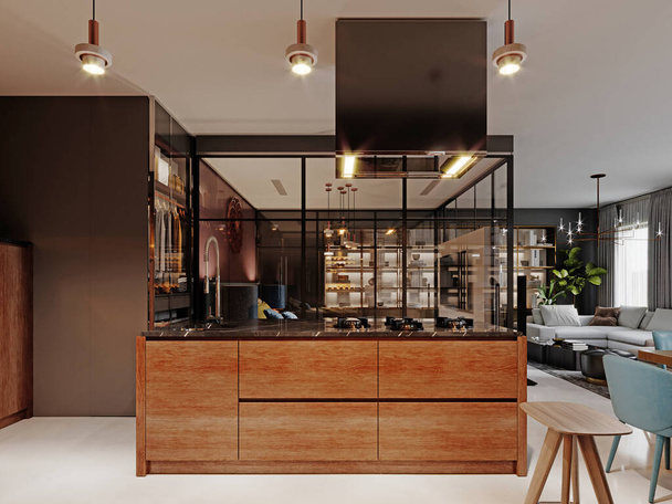 Luxurious kitchen modern style with wooden contemporary furniture and island with hood. Burgundy gray walls, black granite countertops. Studio apartment. 3D rendering. - 写真・画像