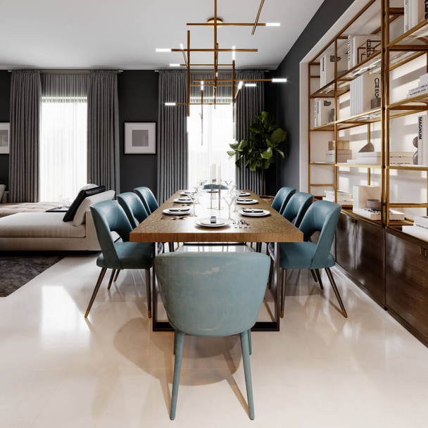 Gran mesa de comedor moderna de estilo moderno, zona de comedor en un apartamento estudio. Mesa de madera, sillas de tela azul. Renderizado 3D
. - Foto, imagen