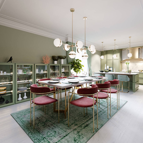 Eethoek met eettafel, turquoise stoelen, wit marmeren aanrecht, serveertafel. Grote eetkamer keuken in mint kleuren. 3D-weergave. - Foto, afbeelding