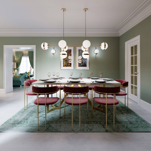 Eethoek met eettafel, turquoise stoelen, wit marmeren aanrecht, serveertafel. Grote eetkamer keuken in mint kleuren. 3D-weergave. - Foto, afbeelding