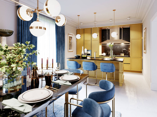 Divatos designer étkező asztal, fekete pult, kék székek, sárga bútorok, étkező konyha sokszínű meel. 3D renderelés. - Fotó, kép