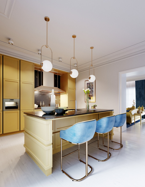 Cucina alla moda e moderna in giallo con isola cucina e sgabelli da bar. Inter in blu e giallo. Rendering 3D - Foto, immagini