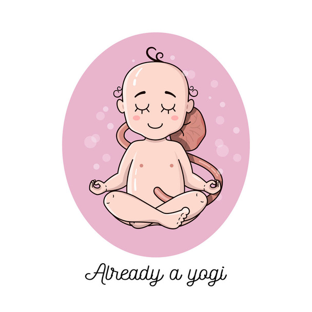 Cute newborn baby inside pregnant belly doing yoga. Meditation concept. Baby sit in lotus pose vector illustration. Ohm. Calm and silence. - Vector, Image