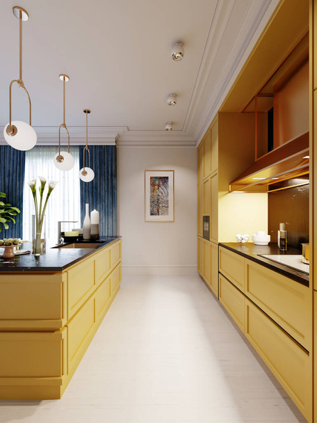 Modieuze en moderne keuken in het geel met een keukeneiland en barkrukken. Inter in blauw en geel. 3D-weergave - Foto, afbeelding