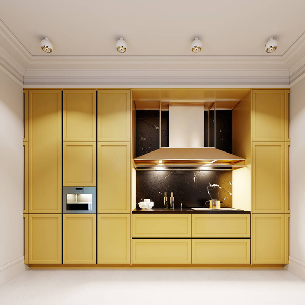 Μοντέρνα και μοντέρνα κουζίνα σε κίτρινο χρώμα με νησάκι κουζίνας και σκαμπό μπαρ. Ίντερ σε μπλε και κίτρινο. 3D απόδοση - Φωτογραφία, εικόνα