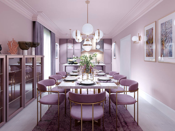 Salle à manger couleur lilas dans un style art déco à la mode avec mobilier moderne, table et chaises servies. rendu 3D. - Photo, image