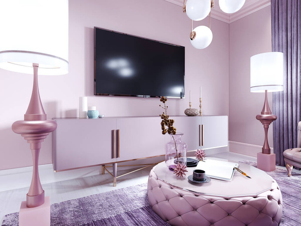 Zona de estar en la sala de estar con TV y una gran cómoda con decoración y lámparas de pie. Renderizado 3D
. - Foto, Imagen