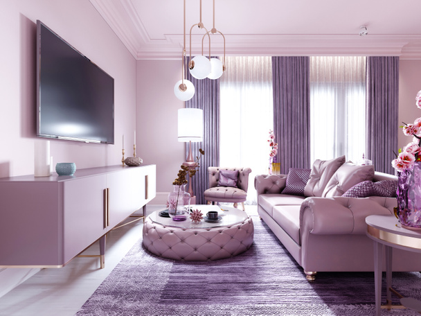 Современный арт-деко гостиная в сиреневом цвете с модной мягкой мебелью, телевизионный стенд, консоль, журнальный столик с декором. 3D рендеринг
. - Фото, изображение