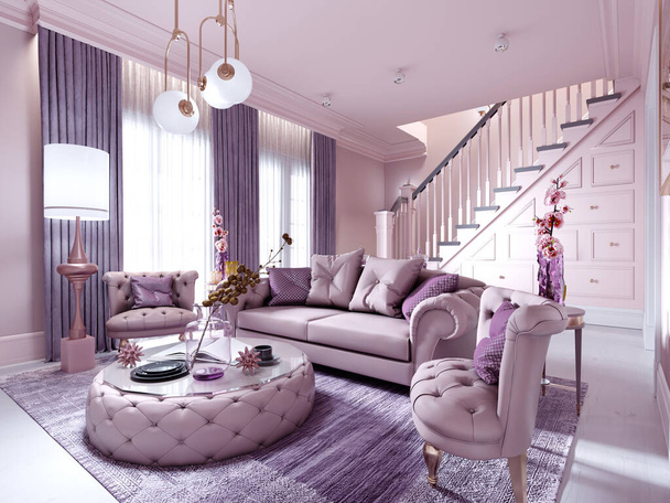 Moderna sala de estar art deco en color lila con muebles tapizados de moda, soporte de tv, consola, mesa de revista con decoración. Renderizado 3D
. - Foto, Imagen