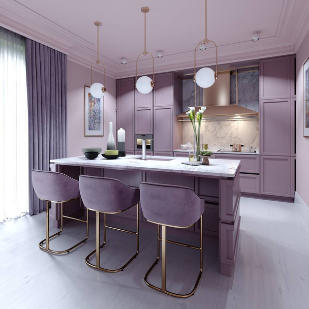 mostrador de cocina con tres sillas en color lila en un moderno estilo interior moderno. Renderizado 3D
. - Foto, Imagen