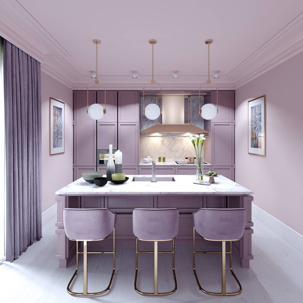 kuchyňský pult se třemi židlemi v šeříkové barvě v módním moderním interiéru. 3D vykreslování. - Fotografie, Obrázek