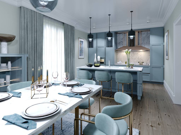 Moderni trendikäs keittiö vaaleansininen haalistunut koralli väri huonekalut. 3D-renderointi. - Valokuva, kuva