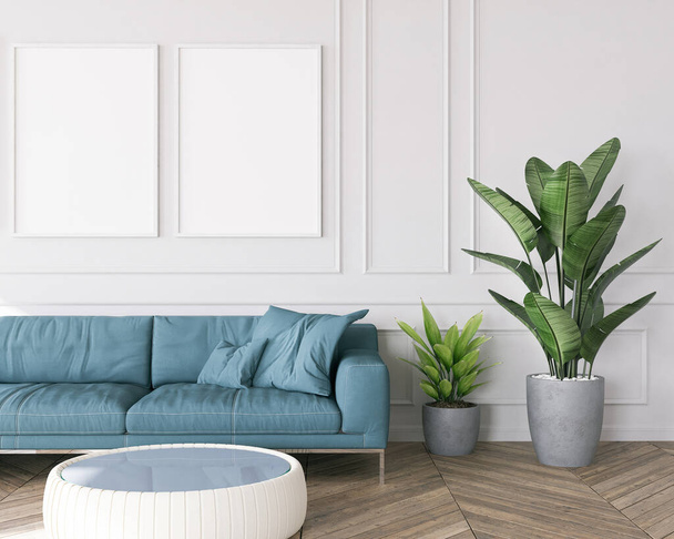 Closeup of trendy living room interior of modern apartment and trendy furniture, White mock up with blue sofa and green plants. Home decor. Template - Valokuva, kuva