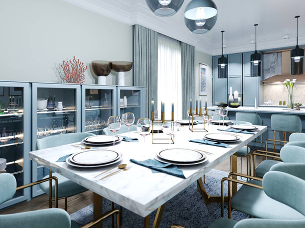 Divatos étkező design étkező asztal és székek nyolc. Ebédlő belső, menta színekben. 3D renderelés. - Fotó, kép