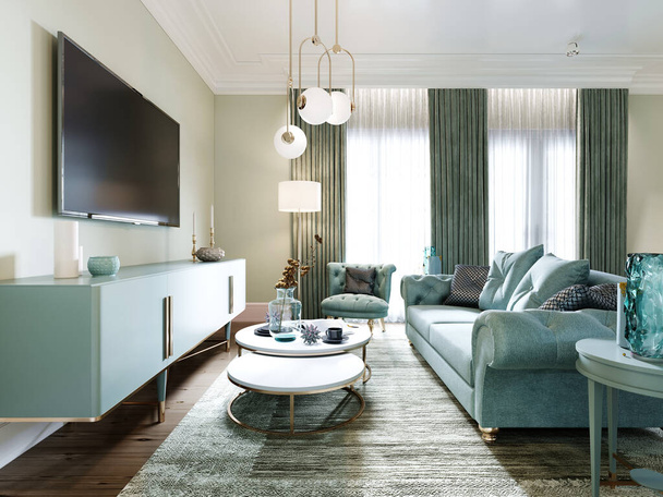 Luxuosa sala de estar elegante com um sofá macio, uma poltrona, uma unidade de TV e um console com decoração e uma bela lâmpada de assoalho. Interior em cores de hortelã. Renderização 3D
. - Foto, Imagem
