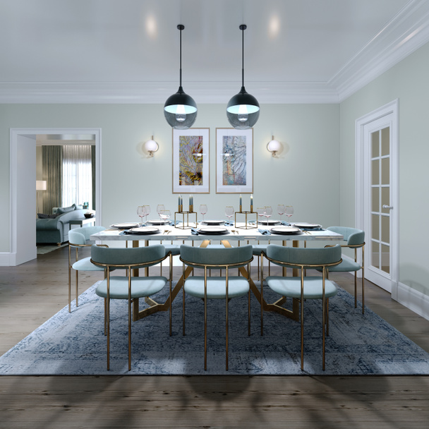 Design de sala de jantar elegante com mesa de jantar e cadeiras para oito. Interior da sala de jantar em cores de hortelã. Renderização 3D
. - Foto, Imagem