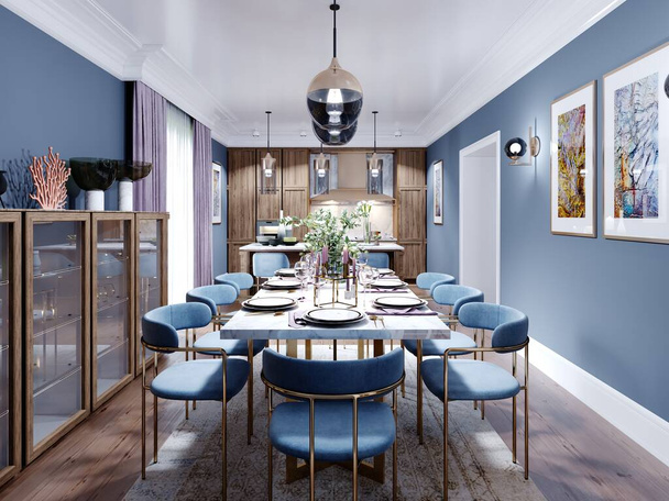 Grande tavolo da pranzo e da pranzo, con una cucina in un design moderno alla moda, mobili in legno, interni in marrone e blu. Rendering 3D. - Foto, immagini