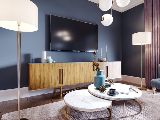Modische Fernseher im Wohnzimmer. 3D-Rendering - Foto, Bild