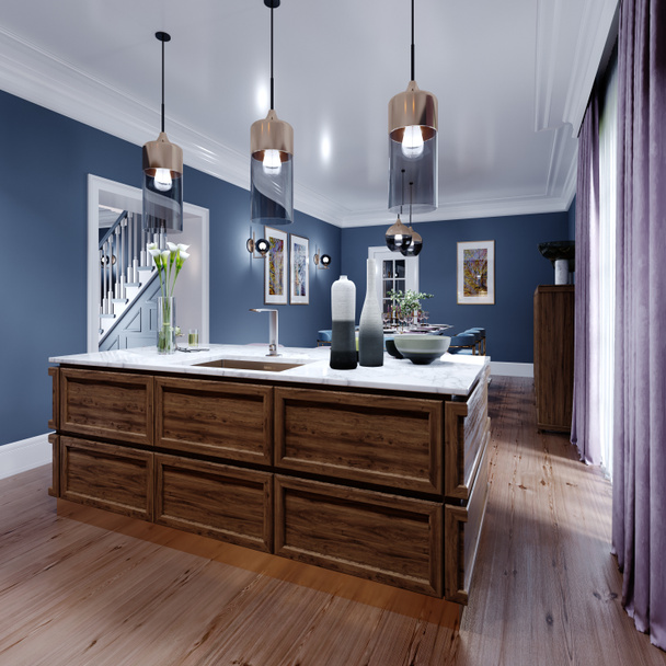Holzkücheninsel mit Dekor in einer modernen Küche. 3D-Rendering. - Foto, Bild