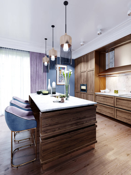 Cocina de diseño de moda con una isla con una superficie de trabajo de mármol, una cocina en colores azul y marrón, muebles de madera. Renderizado 3D
. - Foto, Imagen