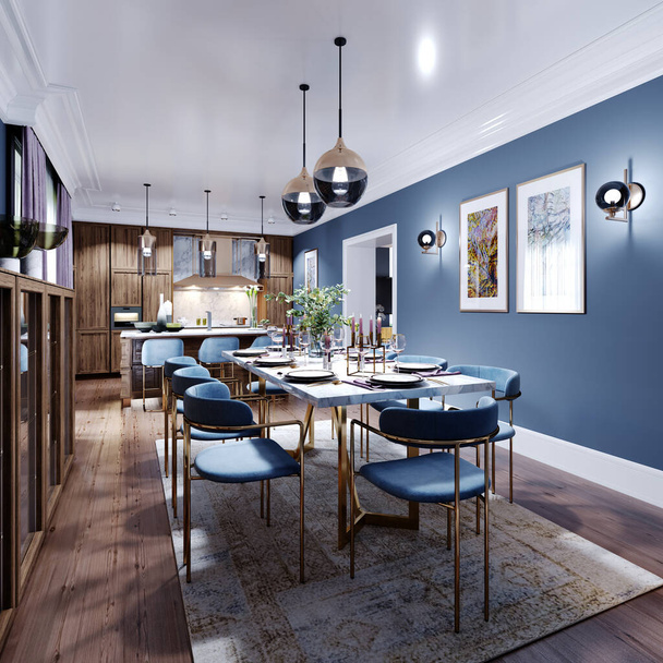 Duży stół jadalny i jadalnia, kuchnia w modnym nowoczesnym stylu, drewniane meble, wnętrze w kolorze brązowym i niebieskim. Renderowanie 3D. - Zdjęcie, obraz
