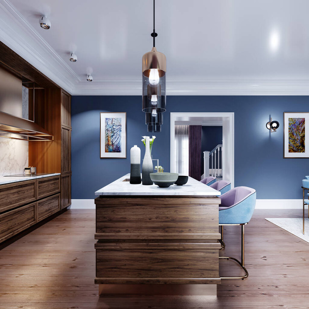 Cocina de diseño de moda con una isla con una superficie de trabajo de mármol, una cocina en colores azul y marrón, muebles de madera. Renderizado 3D
. - Foto, imagen