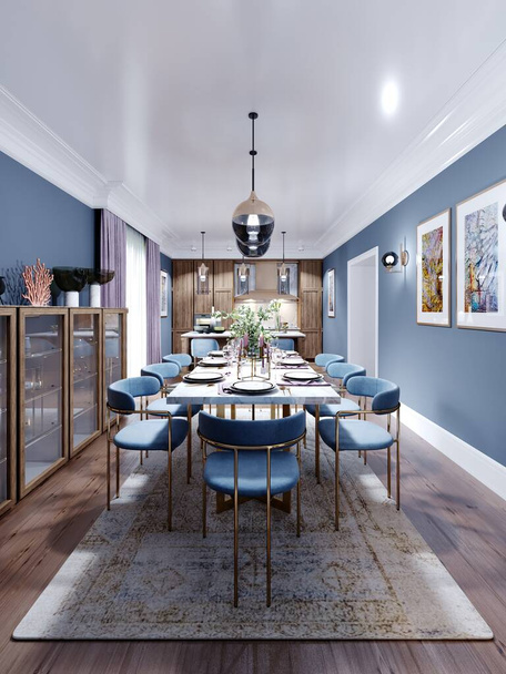 Большой обеденный стол, кухня в модном современном стиле, деревянная мебель, интерьер в коричневом и синем цветах. 3D рендеринг
. - Фото, изображение