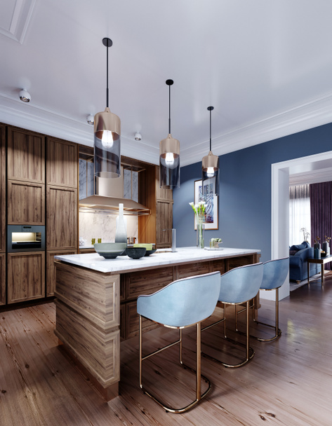 Fashionable designer kitchen with an island with a marble working surface, a kitchen in blue and brown colors, wooden furniture. 3D rendering. - Zdjęcie, obraz