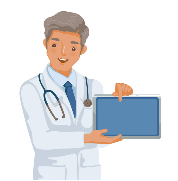 Doctor is pointing and holding a tablet. Hand pointing up the graph. Smile in success. Professional work. Vector illustration isolated on a white background - Vector, Image