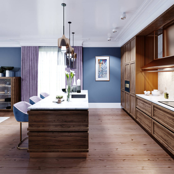Modieuze design keuken met een eiland met een marmeren werkblad, een keuken in blauwe en bruine kleuren, houten meubilair. 3D-weergave. - Foto, afbeelding