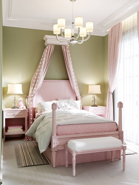 Дитяча спальня з великим рожевим ліжком і альдогеном над фісташковими стінами. 3D візуалізація
. - Фото, зображення