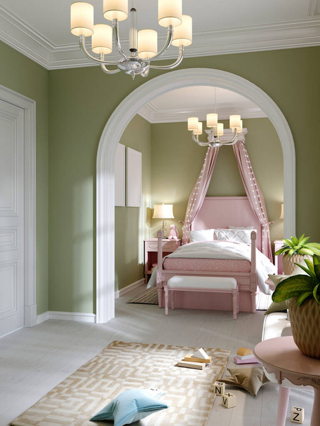 Дитяча кімната фісташково-рожевого кольору, дві зони, спальня та ігрова зона, арка між кімнатами. 3D візуалізація
. - Фото, зображення