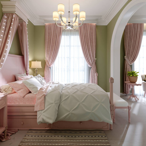 Детская спальня с большой розовой кроватью и альдохином над, фисташковых стен. 3D рендеринг
. - Фото, изображение