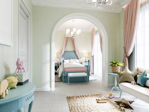 Дитяча кімната зі спальнею і ігровою зоною, класичне ліжко в бірюзовому кольорі, диван і стелажі з іграшками, стіни оливкового кольору. 3D візуалізація
. - Фото, зображення