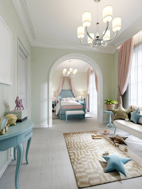 Kinderzimmer mit einem Schlafzimmer und einem Spielbereich, einem klassischen Bett in türkisfarbener Farbe, einem Sofa und Regalen mit Spielzeug, die Wände sind olivfarben. 3D-Rendering. - Foto, Bild