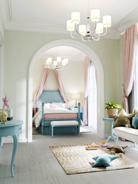 Childrens room with a bedroom and a play area, a classic bed in turquoise color, a sofa and shelving with toys, the walls are olive color. 3D rendering. - 写真・画像