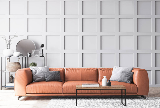 Sofá de couro laranja na sala de estar escandinava com painéis de parede de madeira cinza, decoração home
 - Foto, Imagem