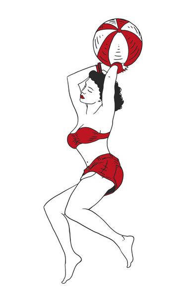 dívka s plážovým míčkem a oblečená v červeném. Letní styl s kraťasy a plavkami. Styl ročníku - Vektor, obrázek