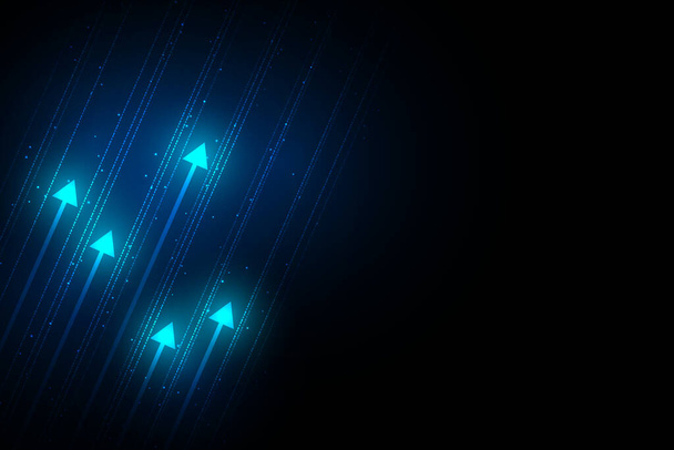 Blue light arrows up with dot line on black background, copy space composition, automation techonology internet concept. - Vector, Image