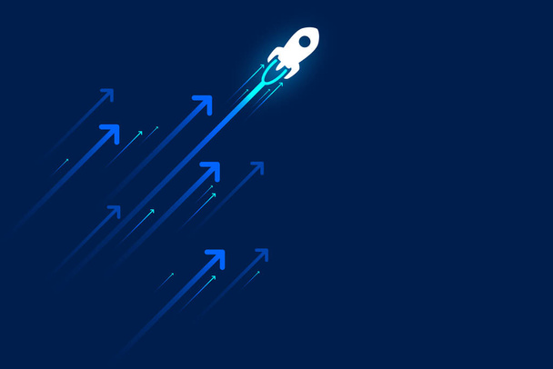 Up rocket and arrows on blue background illustration, copy space composition, business growth concept. - Vector, Image
