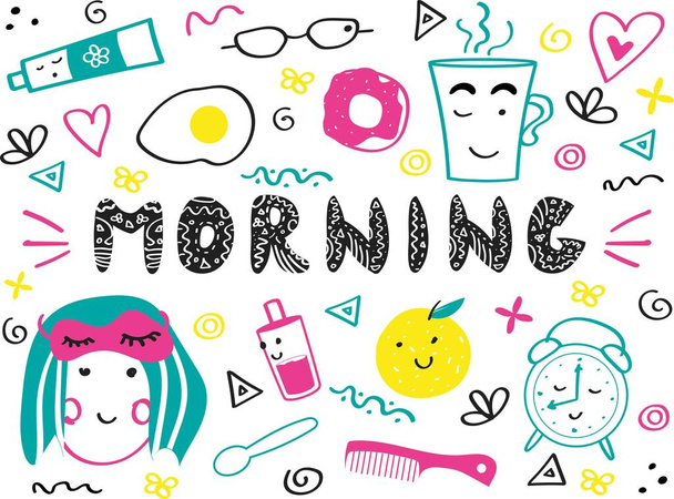 Good morning doodle set. Cartoon girl with pink eye mask and breakfast: cup of coffee, alarm clock, orange and fried egg. Vector illustration  - Vektor, Bild