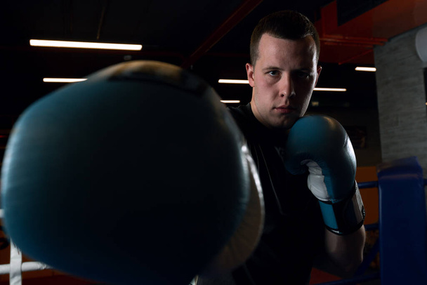 A young boxer in blue gloves looks into the camera and prepares to strike - Foto, Bild