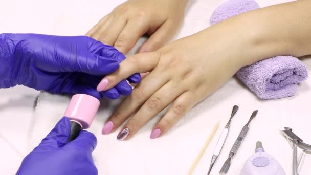 Manikérka ukazuje klientovi barvu lak na nehty. Žena si vybere barvu polského gelu. Růžová manikúra, nahá, třpytivá, stříbrná. Barevné, nehtové umění. Manikúra proces v salonu krásy - Záběry, video