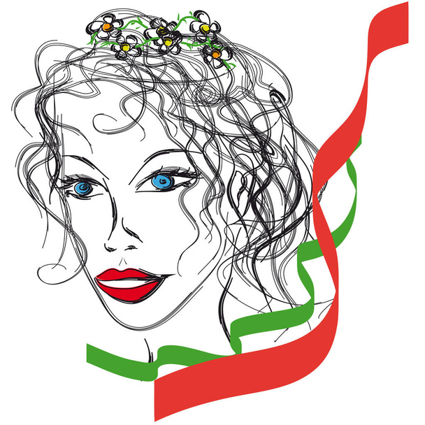 Μοντέλο με μπλε μάτια και λουλούδια στα μαλλιά της - Διάνυσμα, εικόνα