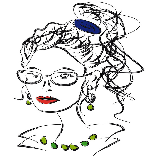 Boceto mujer en gafas con lápiz labial rojo y pelo de cola alta
 - Vector, imagen