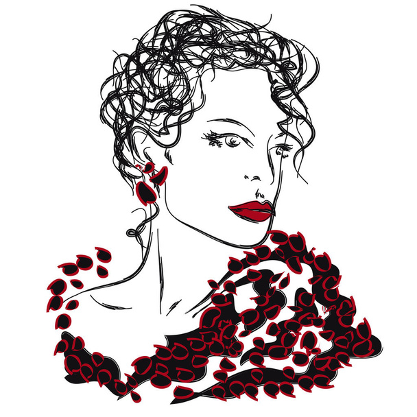 Woman with burgundy lipstick in evening dress. Evening look, dress code - Vector, Image