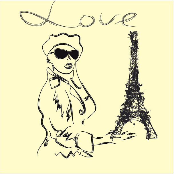 Fille au béret, trench coat, lunettes de soleil style rétro tient la Tour Eiffel dans la paume de sa main - Vecteur, image