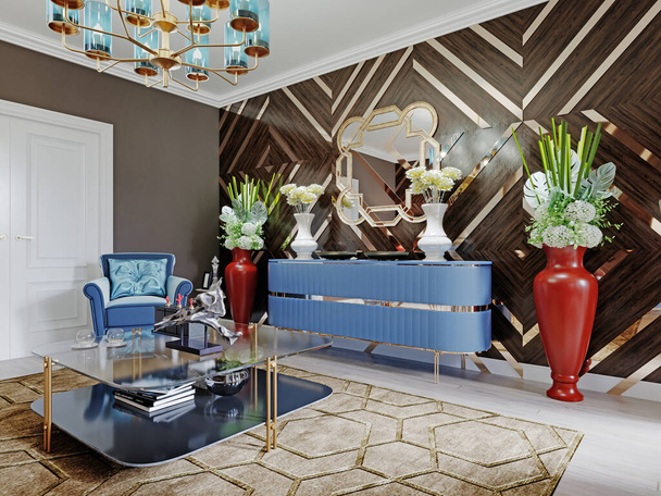 Commode design bleue avec un miroir et un décor, deux grands vases rouges avec des fleurs, des murs en bois avec des accents dorés. rendu 3D - Photo, image